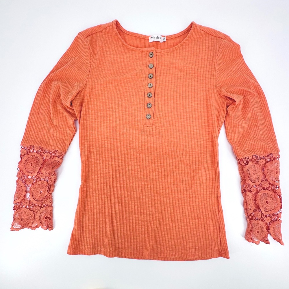 Miselon Womens Orange Ribbed Henley Top Crochet Lace Long Sleeve Small